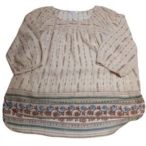 LC Lauren Conrad Blouse XL Beige 3/4 Sleeve Sheer Geometric Gold Thread Hi-Low